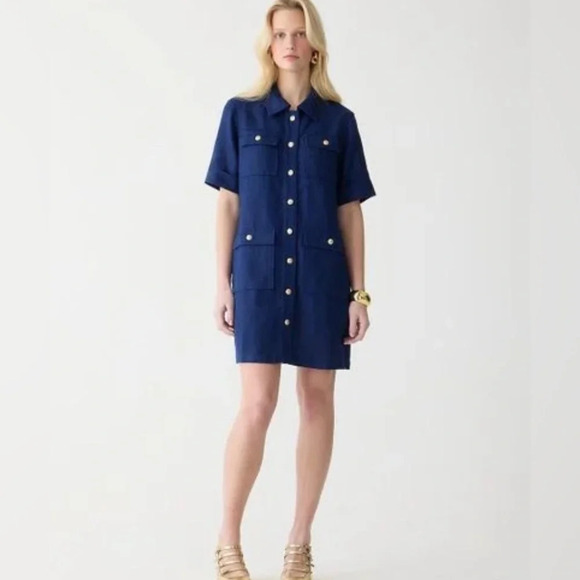 J Crew W'm Gamine Linen Shirtdres blue gold buttons NEW Sz 8 #0494 - Picture 1 of 8